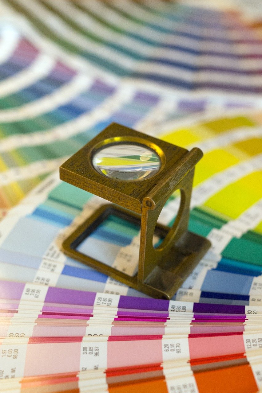 swatches, magnifying glass, printer